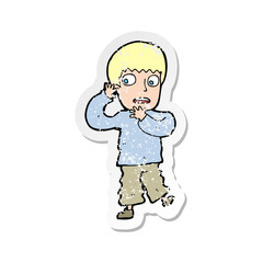retro distressed sticker of a cartoon frightened boy