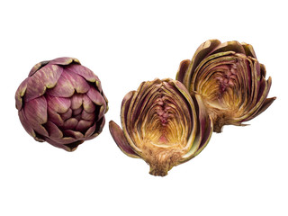 Raw artichokes, Mediterranean vegetable, uncooked and cut open, isolated on white.