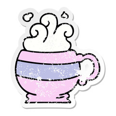 distressed sticker of a quirky hand drawn cartoon hot drink