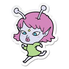 sticker of a pretty cartoon alien girl running