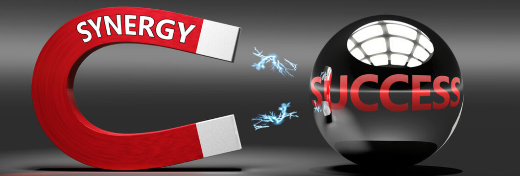 Synergy leads to success, attracts achievements and progress -  this abstract idea and relation pictured as two objects, magnet attracting a ball, labelled with English words, 3d illustration