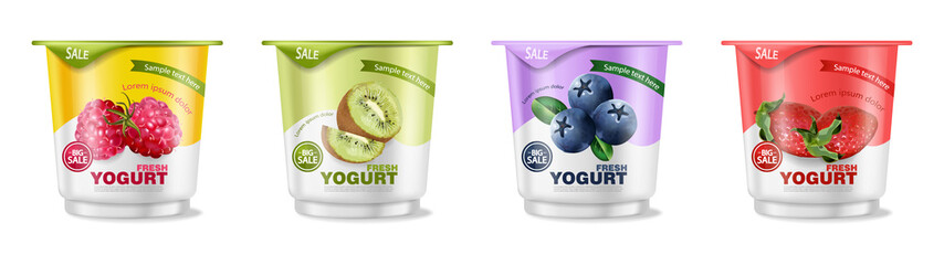 Fruits yogurt set Vector realistic. Berry, raspberry and kiwi collections