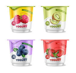 Fruits yogurt set Vector realistic. Berry, raspberry and kiwi collections - 254874650