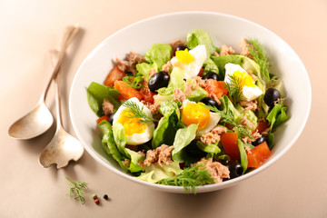 mixed vegetable salad with egg, tuna and tomato