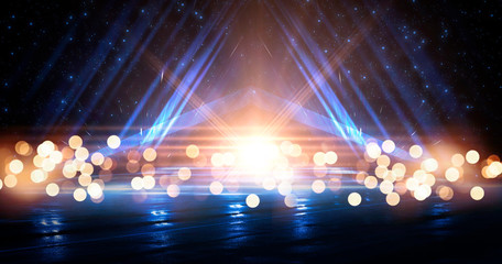 Wet asphalt, reflection of neon lights, a searchlight, smoke. Abstract light in a dark empty street with smoke, smog. Dark background scene of empty street, night view, night city.