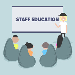 Fototapeta premium Staff education. Office workshops and seminars.Career. Modern workers. Flat cartoon design.Clip art