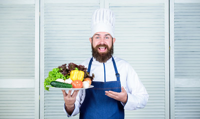 Organic food. Organic culinary recipe. Master chef use only eco friendly product. Eco and organic concept. Choose best ingredients. Man happy presenting excellent vegetables. Fresh harvest vegetables