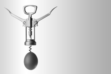 corkscrew is screwed into the egg on a grey gradient . without color