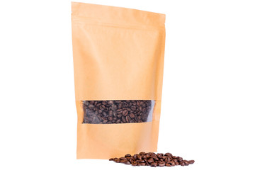 side view of kraft paper doypack stand up pouch with window and zipper  filled with coffee beans on white background