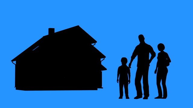 Family buying a house. Real estate purchase concept. Family standing in front of the house. Man and woman discussing house purchase