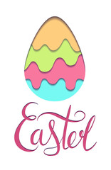 Greeting card with egg carving of paper with paint drops, shadow and Easter lettering. Vector easter element for card for greetings, invitations, banners, banners and for your design