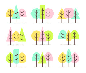 Simple geometric tree symbols. Flat icon set of forest plants. Natural park & garden signs. Isolated object