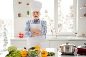 Close up photo grey haired he his him grandpa arms crossed excited glad overjoyed self-confident...