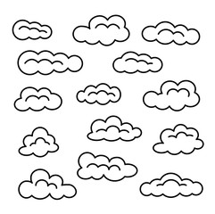 Cloud icon set. Vector line signs. Sky cloudscape. Isolated objects.