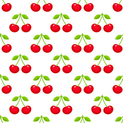 Seamless pattern with red ripe cherries on white background. Summer backdrop with fresh berries. Vector illustration