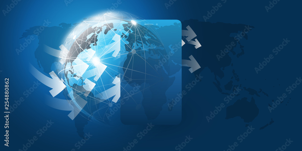 Poster global networks design with arrows, earth globe and smartphone - vector template for your business