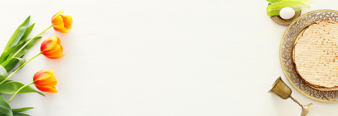 Pesah celebration concept (jewish Passover holiday). Top view, flat lay