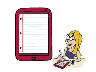 Young woman writing using a connected tablet and wireless pencil