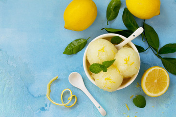 Homemade Fresh fruit lemon sorbet ice cream in a white bowl. Top view flat lay background with copy space. - obrazy, fototapety, plakaty