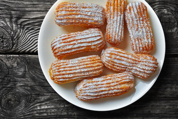 overhead view of delicious sweet Homemade Eclairs