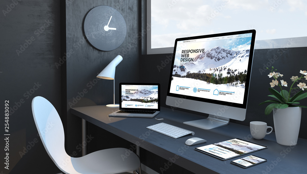 Canvas Prints navy blue workspace with responsive devices design website