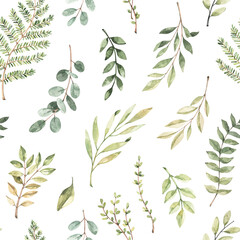 Frühling Aquarell nahtlose Muster. Botanischer Hintergrund mit Eukalyptus, Ästen, Farn und Blättern. Grüne Abbildung. Blumendesign. Perfekt für Einladungen, Geschenkpapier, Textilien, Stoff