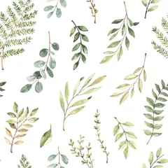 Behang Aquarel bladerprint Lente aquarel naadloze patroon. Botanische achtergrond met eucalyptus, takken, varens en bladeren. Groen illustratie. Bloemdessin. Perfect voor uitnodigingen, inpakpapier, textiel, stof