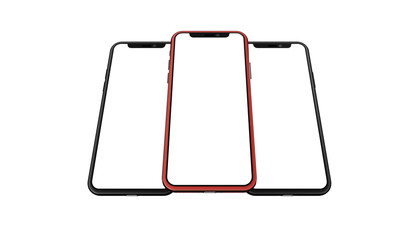 Set of smartphones on white surface. Isometric smartphone mockups. New modern black frameless smartphone mockup with white screen. Isolated on white background