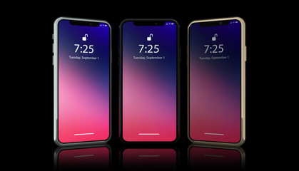 Set of smartphones silver black and gold on black background. Isometric smartphone mockups. New modern frameless smartphone mockup with color screen. Banner, brochure for advertising, 3d rendering