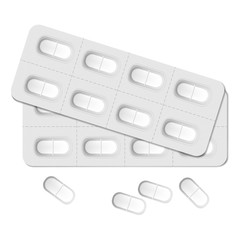 Oblong medical pill blisters top view. Blank medicine tablet pack. Pharmaceutical packaging, vector template