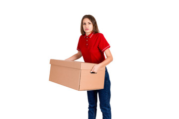 Female delivery person is tired of carrying a heavy parcel isolated on white background