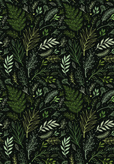 Naklejka na ściany i meble Spring seamless pattern. Botanical background with eucalyptus, branches, fern and leaves. Floral Design. Greenery. Hand drawn illustration. Perfect for invitations, wrapping paper, textile, fabric