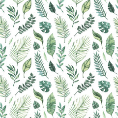 Watercolor seamless pattern. Summer tropical background. Tropical palm leaves (monstera, areca, fan, banana). Perfect for invitations, prints, packing, fabric, textile, wrapping paper