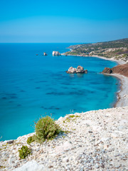 Beautiful beach next to the Rock of the Greek, the birthplace of the goddess Aphrodite, Paphos, Cyprus