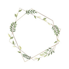 Hand drawn watercolor illustration. Geometric gold frame with botanical branches and leaves. Greenery. Floral Design elements. Perfect for wedding invitations, cards, prints, posters, packing.