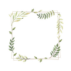 Hand drawn watercolor illustration. Geometric gold frame with botanical branches and leaves. Greenery. Floral Design elements. Perfect for wedding invitations, cards, prints, posters, packing