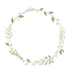 Hand drawn watercolor illustration. Circle gold frame with botanical branches and leaves. Greenery. Floral Design elements. Perfect for wedding invitations, cards, prints, posters, packing