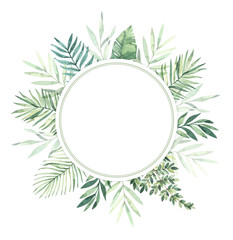 Watercolor illustration. Summer tropical label. Tropical palm leaves (monstera, areca, fan, banana). Perfect for wedding invitations, prints, greeting card, posters