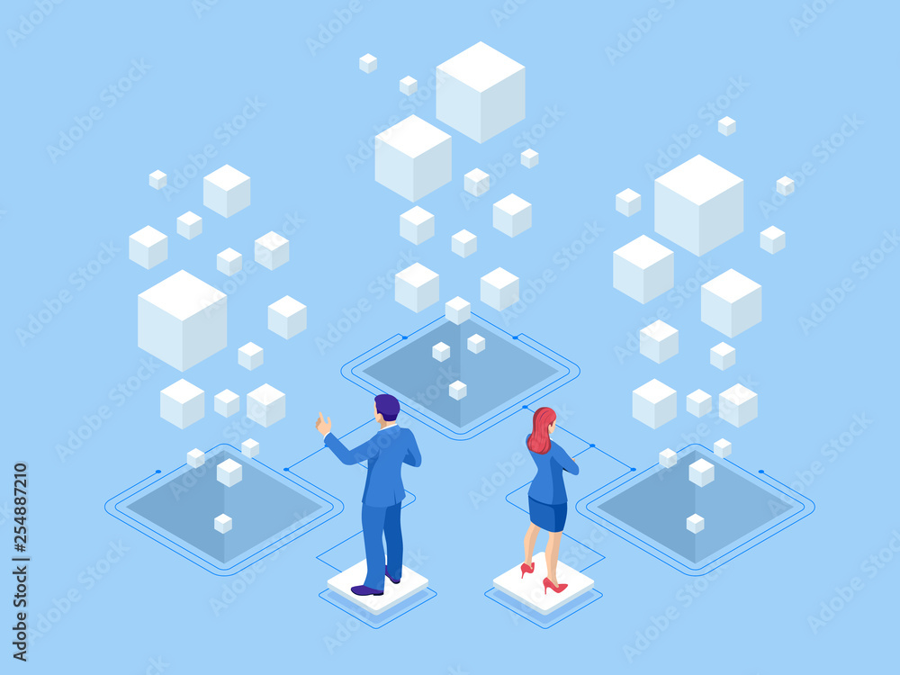 Poster isometric web banner data analysis and statistics concept. vector illustration business analytics, d