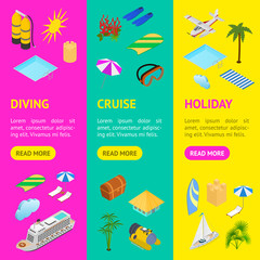Cruise Ships Travel and Tourism Concept Banner Vecrtical Set 3d Isometric View. Vector