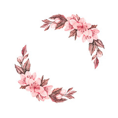 Spring watercolor illustration. Sakura bloom. Cherry. Botanical wreath with pink flowers and leaves. Floral blossom elements. Perfect for wedding invitations, cards, prints, posters, packing