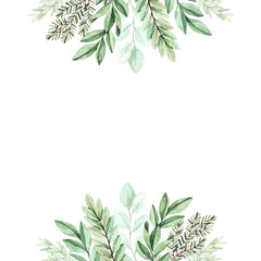 Spring watercolor illustration. Botanical frame with eucalyptus, fir branches and leaves. Greenery. Floral Design elements. Perfect for wedding invitations, cards, prints, posters, packing
