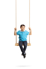 Happy little boy sitting on a swing and looking at the camera