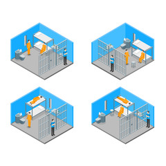 Modern Prison Interior with Furniture and People Isometric View. Vector