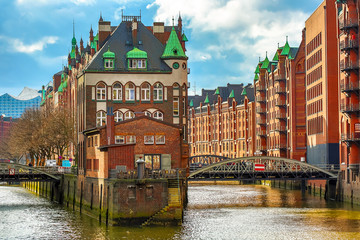 The Warehouse district Speicherstadt during spring in Hamburg, Germany. Warehouses in Hafencity quarter in Hamburg.