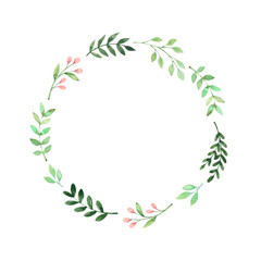 Hand drawn watercolor illustration. Botanical greenery wreath with branches and leaves. Floral Design elements. Perfect for wedding invitations, greeting cards, prints, posters, packing