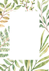 Fototapeta premium Hand drawn watercolor illustration. Botanical frame with eucalyptus, branches, fern and leaves. Greenery. Floral Design elements. Perfect for wedding invitations, cards, prints, posters, packing