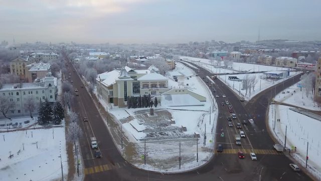 Top view on city roads with moving traffic and Frunze square in Vladimir, Russia