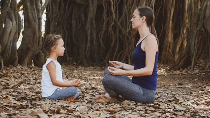 Little child girl with her young mother meditating together face to face under big banyan tree. Mom and daughter meditates, concept.