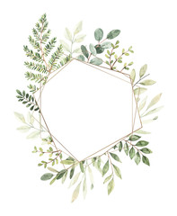 Fototapeta na wymiar Hand drawn watercolor illustration. Botanical composition with gold frame, eucalyptus, branches, fern and leaves. Greenery. Perfect for wedding invitations, cards, prints, posters, packing